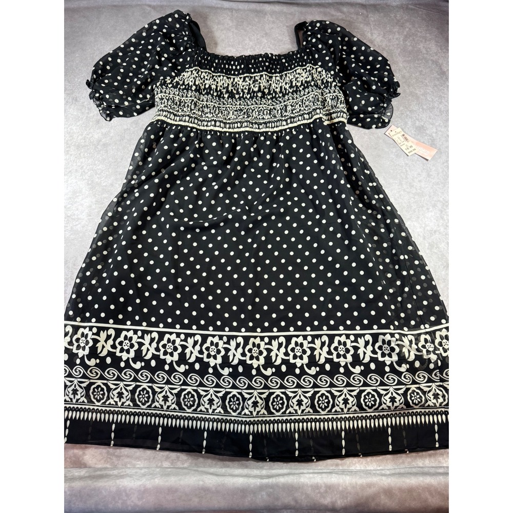 Dressbarn Woman Black White Polka‎ Dot Smocked Chiffon Dress Plus Size 16W New